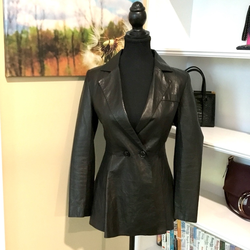Mason & Cooper New York Double Breasted Lambskin Leather & Check Twill Jacket
